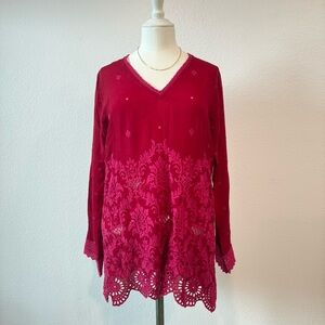 Johnny Was Deep Red V-Neck Embroidered Tunic